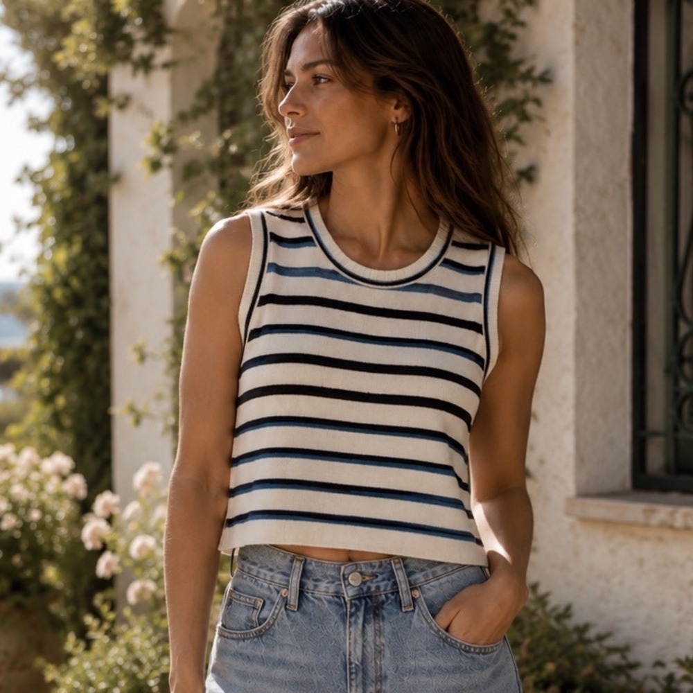 AMO Babe Tee Womens Size Medium‎ Ivory Navy Blue Striped Sleeveless Cropped Top